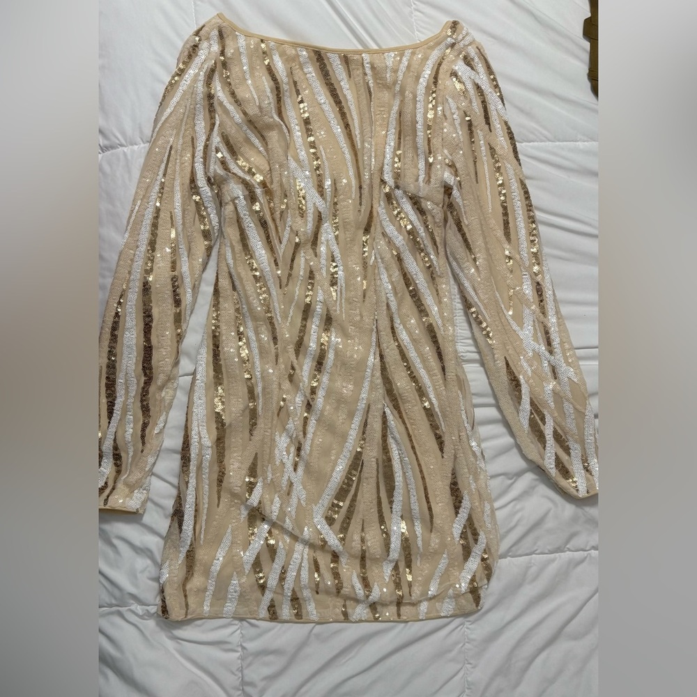 SHEIN Gold and White Sequin Long Sleeve Dress